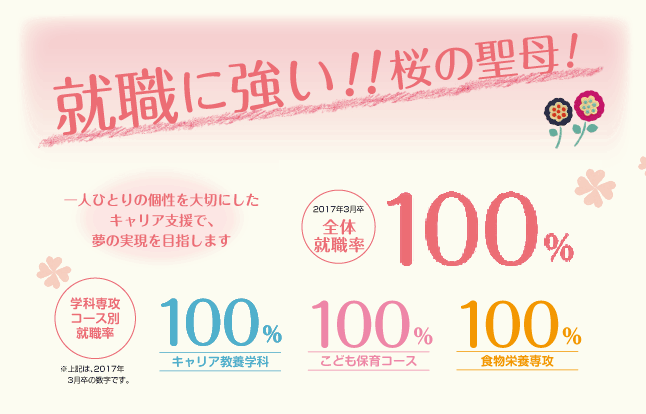 顧問制度 2017年3月卒 全体就職率 100%/p>学科専攻コース別就職率 キャリア教養学科100% こども保育コース100% 食物専攻科100%